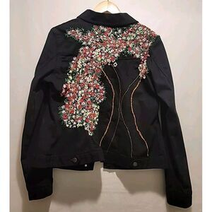 Upcycled Womens Denim Jacket Sz L Tree Of Life Artsy‎  Embroidered Knit Floral